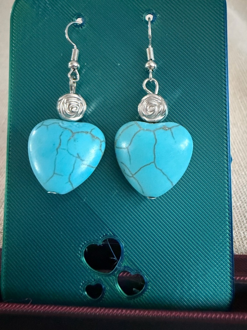 Two Pair Turquoise Heart Drop Earrings - Blue Heart Dangle Earrings - Picture 6 of 7